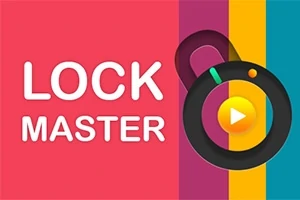 Tekstissä lukee LOCK MASTER, ja kuvassa on värikäs tausta ja iso lukkomainen symboli, jossa on nuoli eteenpäin