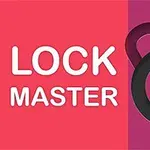 Tekstissä lukee LOCK MASTER, ja kuvassa on värikäs tausta ja iso lukkomainen symboli, jossa on nuoli eteenpäin