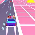 Värikäs auto ajaa futuristisella tiellä vaaleanpunaisessa ja sinisessä maisemassa, jossa on esteitä