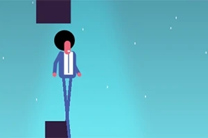 Piirroshahmo sinisissä vaatteissa ja afrokampauksessa seisoo mustan laatikon päällä vaaleansinisellä taustalla, ympärillään pieniä valopisteitä