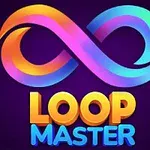 Värikäs äärettömyyssymboli violetilla taustalla, jonka alla lukee keltaisella ja sinisellä Loop Master