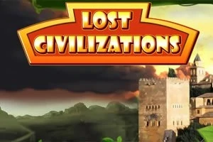 Auringonlasku taustalla ja muinainen kivirakennus etualalla, kuvassa lukee Lost Civilizations