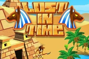 Muinaisegyptiläinen teema, jossa on pyramidi, palmuja, Anubis-jumalan hahmo ja teksti Lost in Time