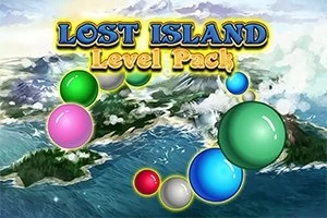 Värikkäitä palloja meren yläpuolella saaristossa, taustalla pilvinen taivas ja teksti Lost Island Level Pack