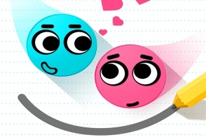 Kaksi pyöreää, ilmeikästä hahmoa katsoo toisiaan, toinen sininen ja toinen pinkki, sydänkuvioiden leijuessa niiden yläpuolella ja keltainen kynä piirtää kaarta niiden alapuolelle