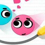 Kaksi pyöreää, ilmeikästä hahmoa katsoo toisiaan, toinen sininen ja toinen pinkki, sydänkuvioiden leijuessa niiden yläpuolella ja keltainen kynä piirtää kaarta niiden alapuolelle