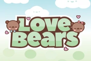 Kuva sisältää sanat Love Bears pastelliväreissä pilvien taustalla, jossa on kaksi nallekarhua ja pieniä sydämiä
