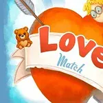 Punainen sydännuolella, teksti Love Match, kaksi pientä enkeliä ja nallekarhu
