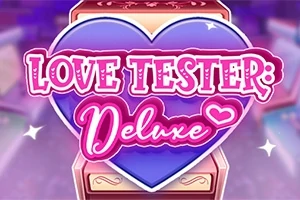 Sini-violetti sydän, jossa lukee pinkillä tekstillä Love Tester: Deluxe vaaleanpunaisella taustalla