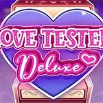 Sini-violetti sydän, jossa lukee pinkillä tekstillä Love Tester: Deluxe vaaleanpunaisella taustalla