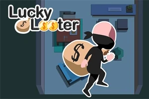 Tumma naamioitunut hahmo kantaa rahasäkin huoneen läpi, taustalla on huonekaluja ja teksti Lucky Looter