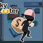Tumma naamioitunut hahmo kantaa rahasäkin huoneen läpi, taustalla on huonekaluja ja teksti Lucky Looter