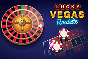 Rulettipyörä, pelimerkkejä ja teksti Lucky Vegas Roulette sinisellä taustalla