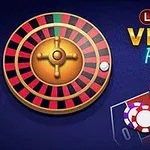 Rulettipyörä, pelimerkkejä ja teksti Lucky Vegas Roulette sinisellä taustalla