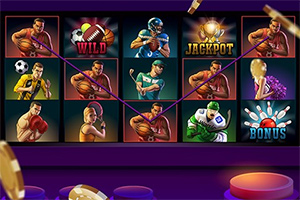 Kolmen rivin slottiruudukko, jossa on urheiluteemaisia kuvakkeita kuten koripalloilijoita, jalkapalloilijoita, wild- ja jackpot-symbolit
