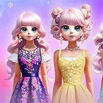 Kolme tyylikästä anime-nukkehahmoa värikkäissä mekoissa vaaleanpunaisella ja violetilla taustalla