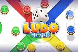 Noppapeli, jossa on värikkäitä pelimerkkejä ja teksti Ludo Fever