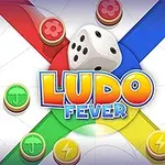 Noppapeli, jossa on värikkäitä pelimerkkejä ja teksti Ludo Fever