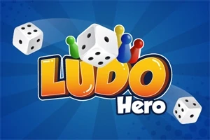 Kolme noppaa ja neljä värillistä pelinappulaa sinisellä taustalla, keskellä teksti Ludo Hero