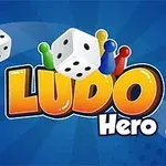 Kolme noppaa ja neljä värillistä pelinappulaa sinisellä taustalla, keskellä teksti Ludo Hero