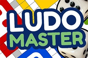 Lauta, jossa on värikkäitä ruutuja, kaksi noppaa ja keskellä teksti LUDO MASTER