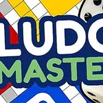 Lauta, jossa on värikkäitä ruutuja, kaksi noppaa ja keskellä teksti LUDO MASTER