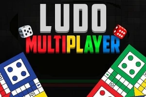 LUDO MULTIPLAYER -teksti värikkäällä taustalla, jossa on kaksi pelilaudan nurkkaa ja kaksi noppaa