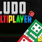 LUDO MULTIPLAYER -teksti värikkäällä taustalla, jossa on kaksi pelilaudan nurkkaa ja kaksi noppaa