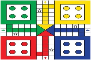 Nelivärinen pelilauta, jossa on punainen, vihreä, keltainen ja sininen osasto neljällä ympyrällä ja keskusneliö monivärisillä osioilla