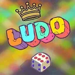 Kuvassa on värikäs teksti LUDO, jossa on kruunu yläpuolella ja noppa alapuolella sumealla taustalla