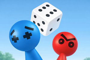 Sininen ja punainen tikku-ukko katsovat ilmassa leijuvaa valkoista noppa, taustalla vaalea sininen taivas