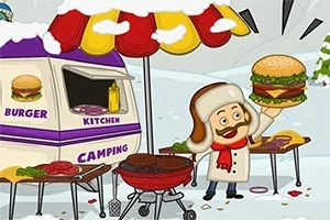 Mies talvitakkissa grillaamassa hampurilaisia lumisessa maisemassa ruokakojun edessä