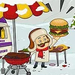Mies talvitakkissa grillaamassa hampurilaisia lumisessa maisemassa ruokakojun edessä