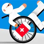 Pelkistetty piirroshahmo sidottuna, istuen pyörätuolissa, kantaen ensiapupakkausta