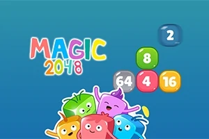 Värikkäitä, iloisen näköisiä animoituja hahmoja sinisellä taustalla ja numerollisia laattoja kuten 2, 4, 8, 16, 64, sekä teksti MAGIC 2048