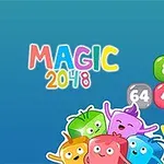 Värikkäitä, iloisen näköisiä animoituja hahmoja sinisellä taustalla ja numerollisia laattoja kuten 2, 4, 8, 16, 64, sekä teksti MAGIC 2048