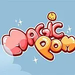 Sarjakuvamaisia eläinhahmoja ja ”Magic Pom” -teksti sinisellä taustalla koristeellisilla pilvillä ja tähdillä