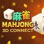 3D-mahjong-palikoita, joissa on kiinalaisia merkkejä ja symboleja, sekä teksti MAHJONG 3D CONNECT puupintaisella taustalla, jota koristavat keltaiset lehtikuviot