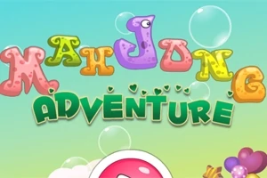Värikäs Mahjong Adventure -teksti kuplien ja pilvien kanssa vaaleansinisellä taustalla