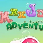 Värikäs Mahjong Adventure -teksti kuplien ja pilvien kanssa vaaleansinisellä taustalla