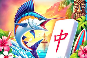 Purjekala hyppää esiin vedestä, edessä mahjong-laatta, taustalla aurinkoinen maisema ja trooppisia koristeita