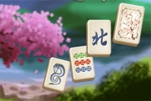Neljä mahjong-laattaa, joissa on erilaisia symboleja ja taustalla on kukkiva kirsikkapuu ja sumuinen maisema