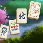 Neljä mahjong-laattaa, joissa on erilaisia symboleja ja taustalla on kukkiva kirsikkapuu ja sumuinen maisema