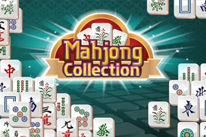 Värikäs Mahjong Collection -logo, jota ympäröivät mahjong-laatat säteilevällä vihreällä taustalla