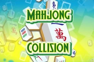 Värikäs kuva, jossa on pinottuja mahjong-laattoja ja teksti Mahjong Collision vihreillä kirjaimilla