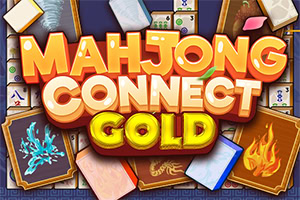 Värikäs mahjong-aiheinen logo, jossa kultaiset kirjaimet, mahjong-laattoja, kortteja sekä sininen ja oranssi lohikäärmekuvio