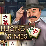 Mies, jolla on viikset ja hattu, seisoo mahjong-laattojen edessä tekstin Mahjong Crimes vieressä