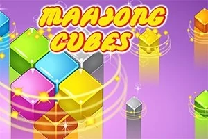 Värikkäitä kuutioita ja keltaiset pyörteet violetilla taustalla, joissa lukee Mahjong Cubes