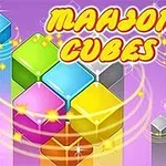 Värikkäitä kuutioita ja keltaiset pyörteet violetilla taustalla, joissa lukee Mahjong Cubes
