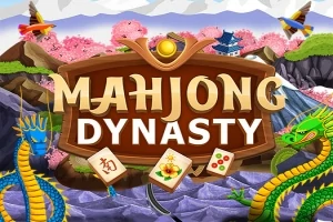 Mahjong Dynasty -tekstiä reunustavat lohikäärmeet, kirsikankukkia ja vuoristotausta